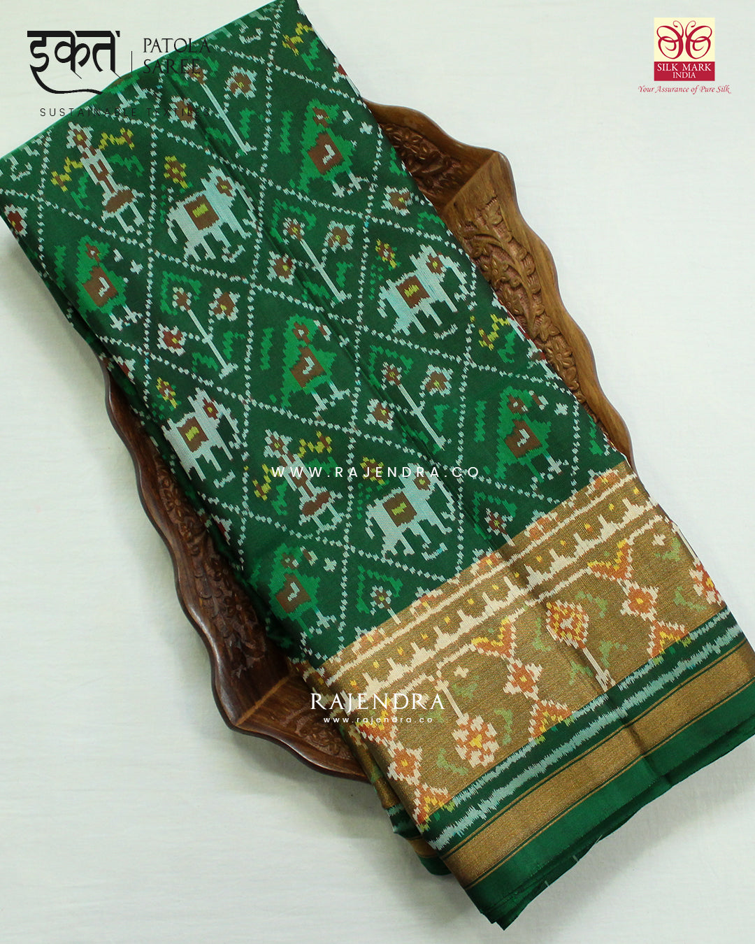 Traditional Hathi Popat Green Single Ikat Rajkot Patola Saree