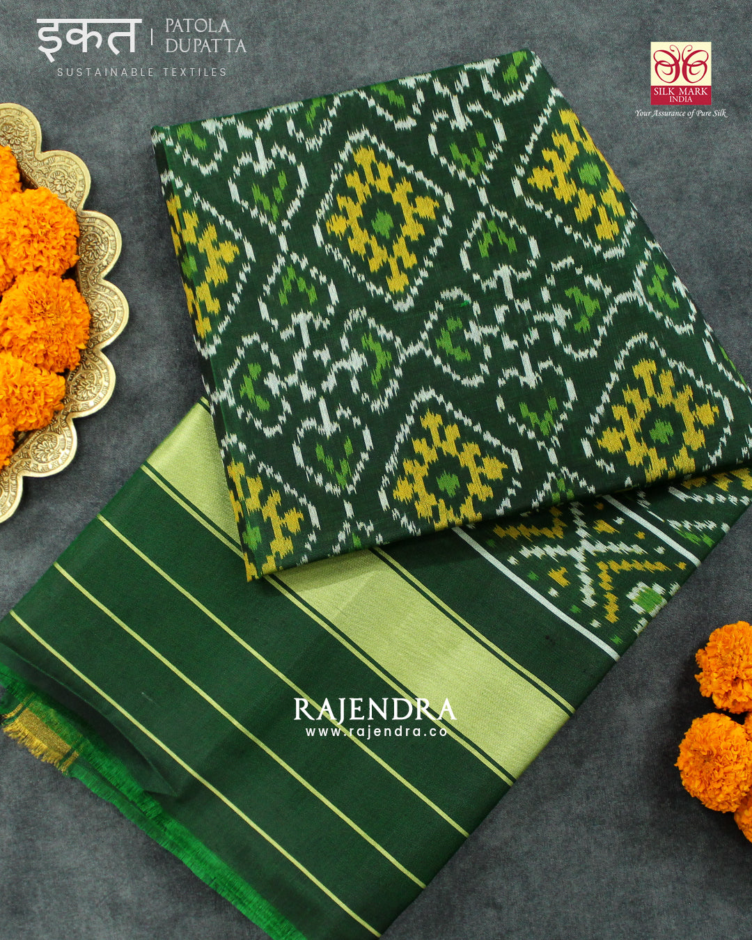 Traditional Panchanda Bhat Green Single Ikat Rajkot Patola Dupatta