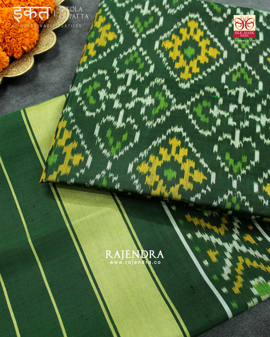 Traditional Panchanda Bhat Green Single Ikat Rajkot Patola Dupatta