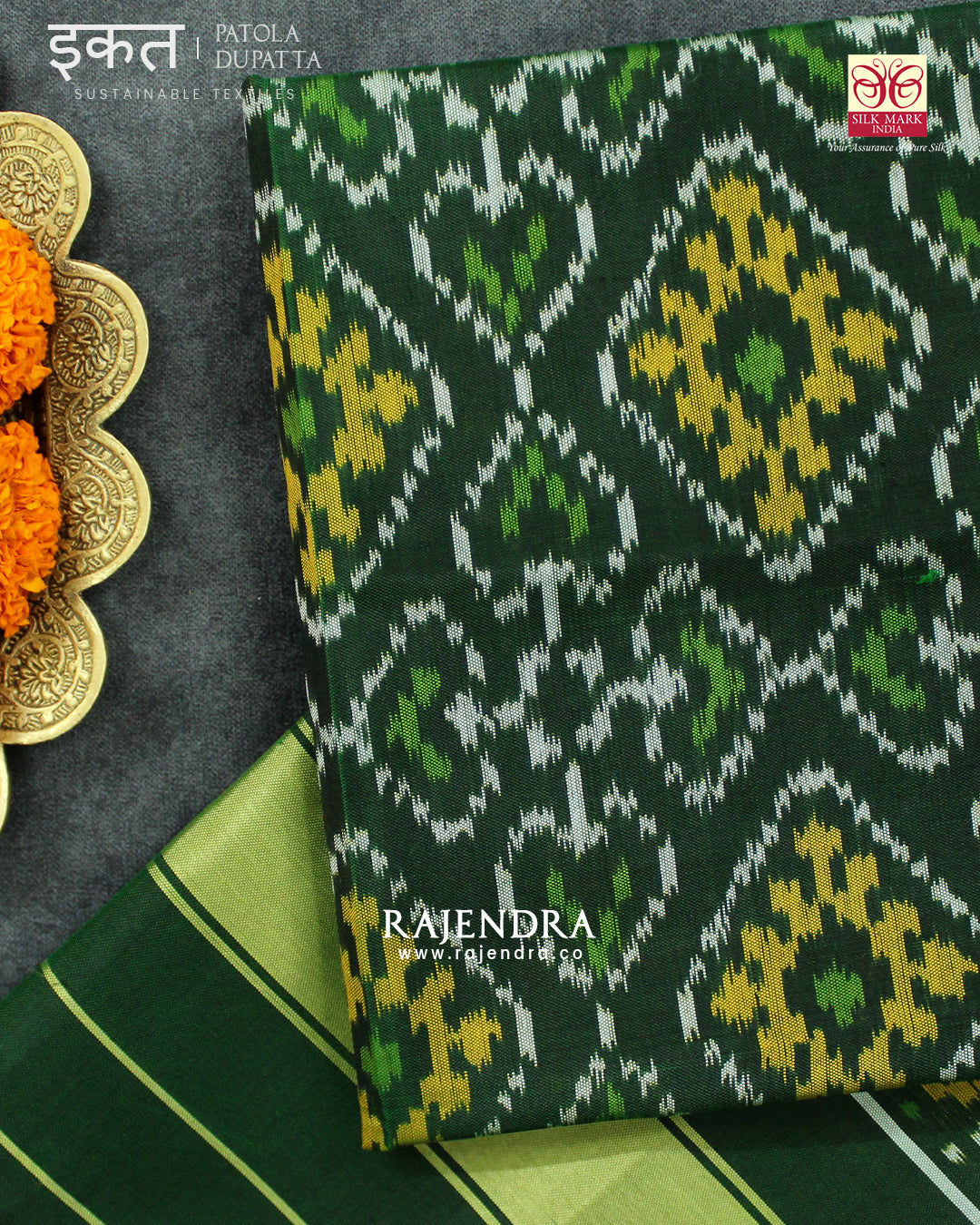 Traditional Panchanda Bhat Green Single Ikat Rajkot Patola Dupatta