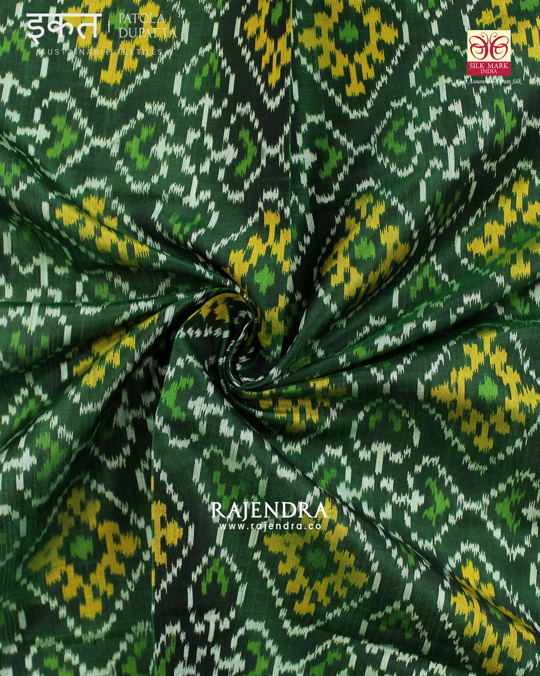 Traditional Panchanda Bhat Green Single Ikat Rajkot Patola Dupatta