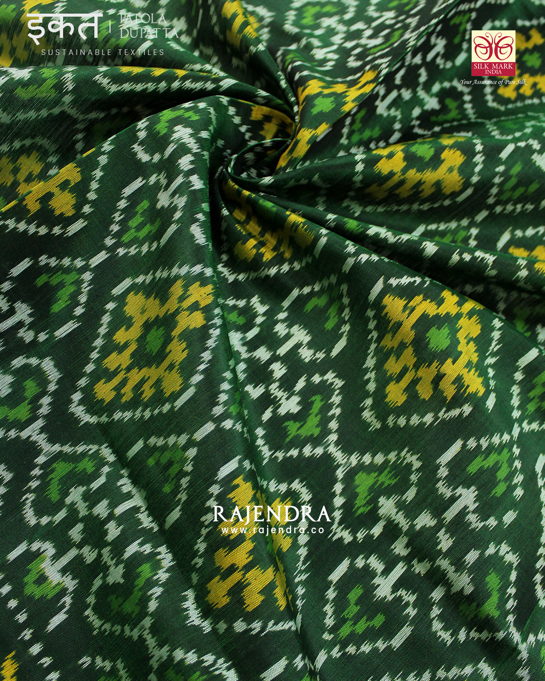 Traditional Panchanda Bhat Green Single Ikat Rajkot Patola Dupatta