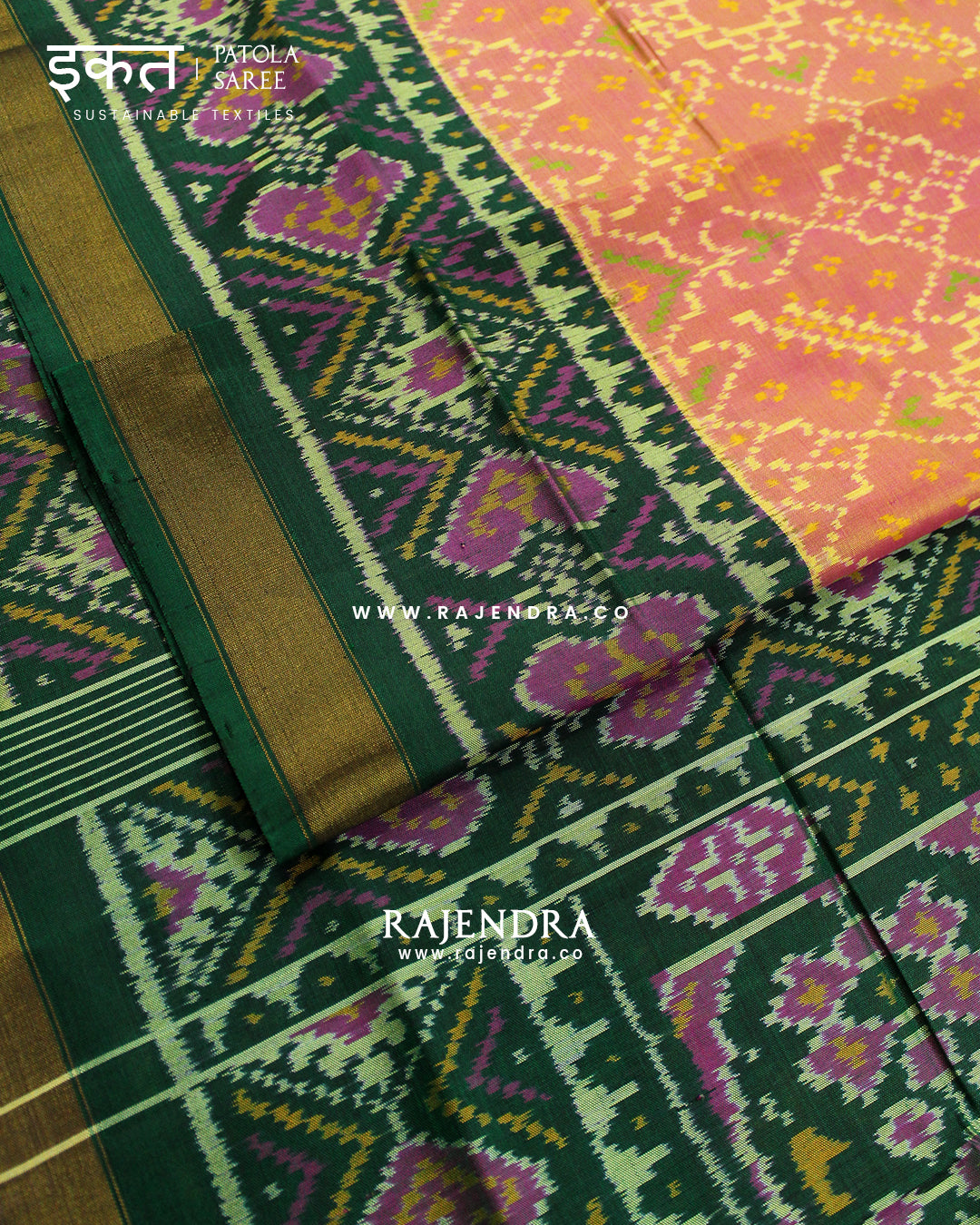 Traditional Manekchowk Design Green Peach Single Ikat Rajkot Patola Saree