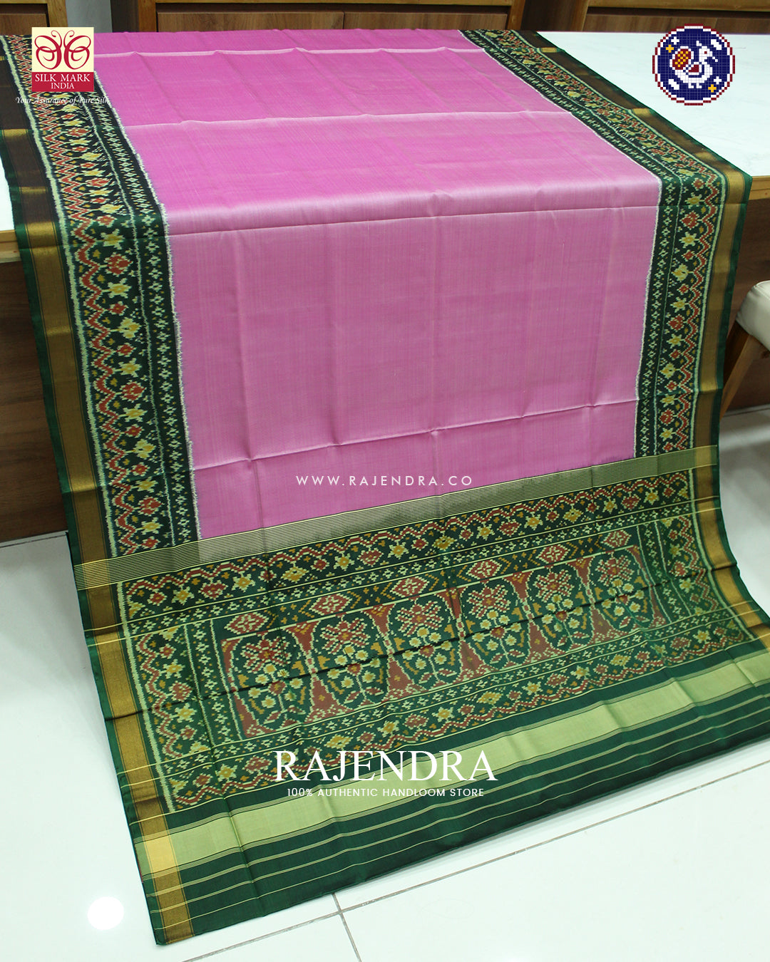 Exclusive Gala Border Green and Pink Single Ikat Rajkot Patola Saree