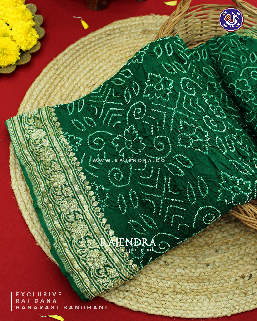 Exclusive Rai Dana Pure Khadi Georgette Green Banarasi Bandhani Saree