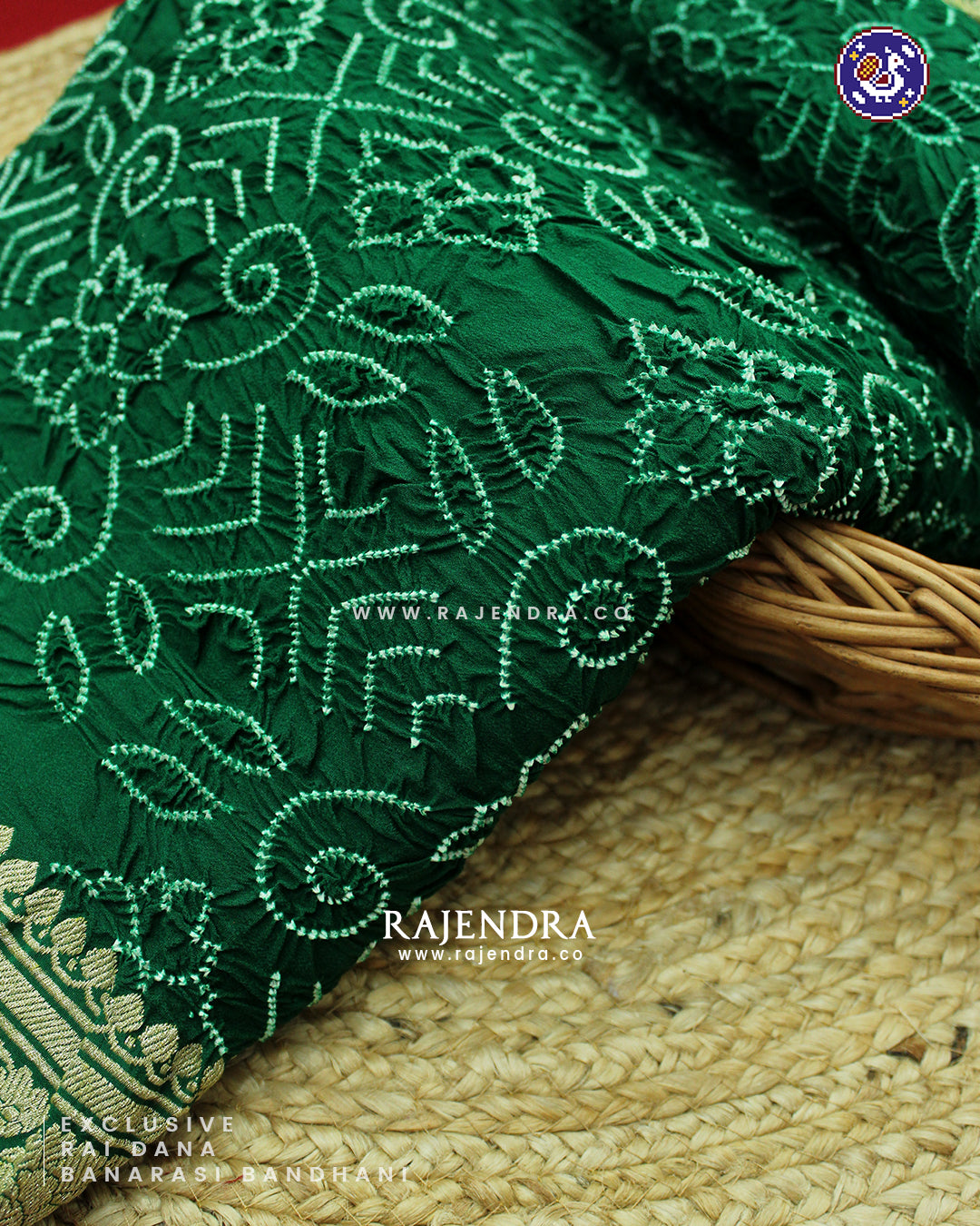 Exclusive Rai Dana Pure Khadi Georgette Green Banarasi Bandhani Saree