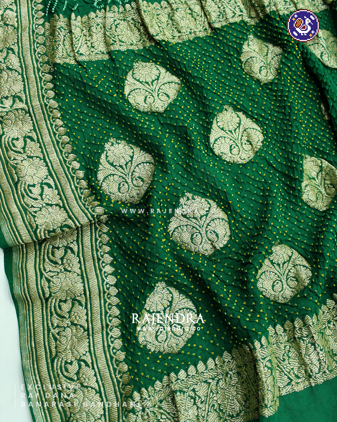 Exclusive Rai Dana Pure Khadi Georgette Green Banarasi Bandhani Saree