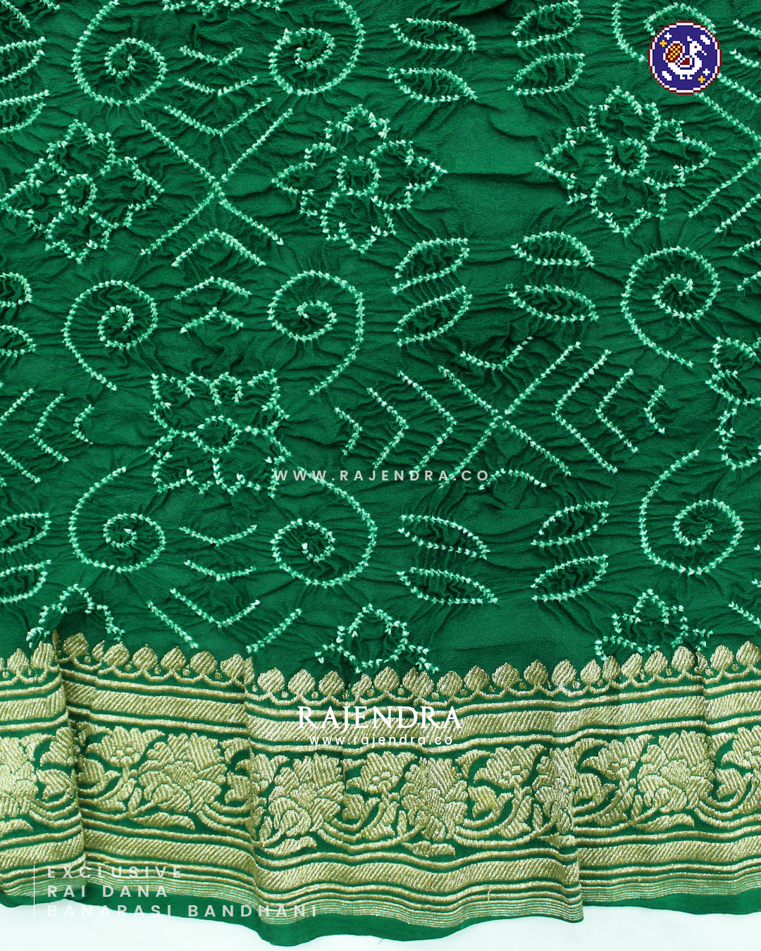 Exclusive Rai Dana Pure Khadi Georgette Green Banarasi Bandhani Saree