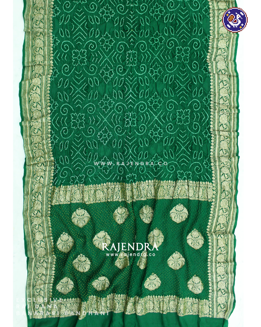 Exclusive Rai Dana Pure Khadi Georgette Green Banarasi Bandhani Saree