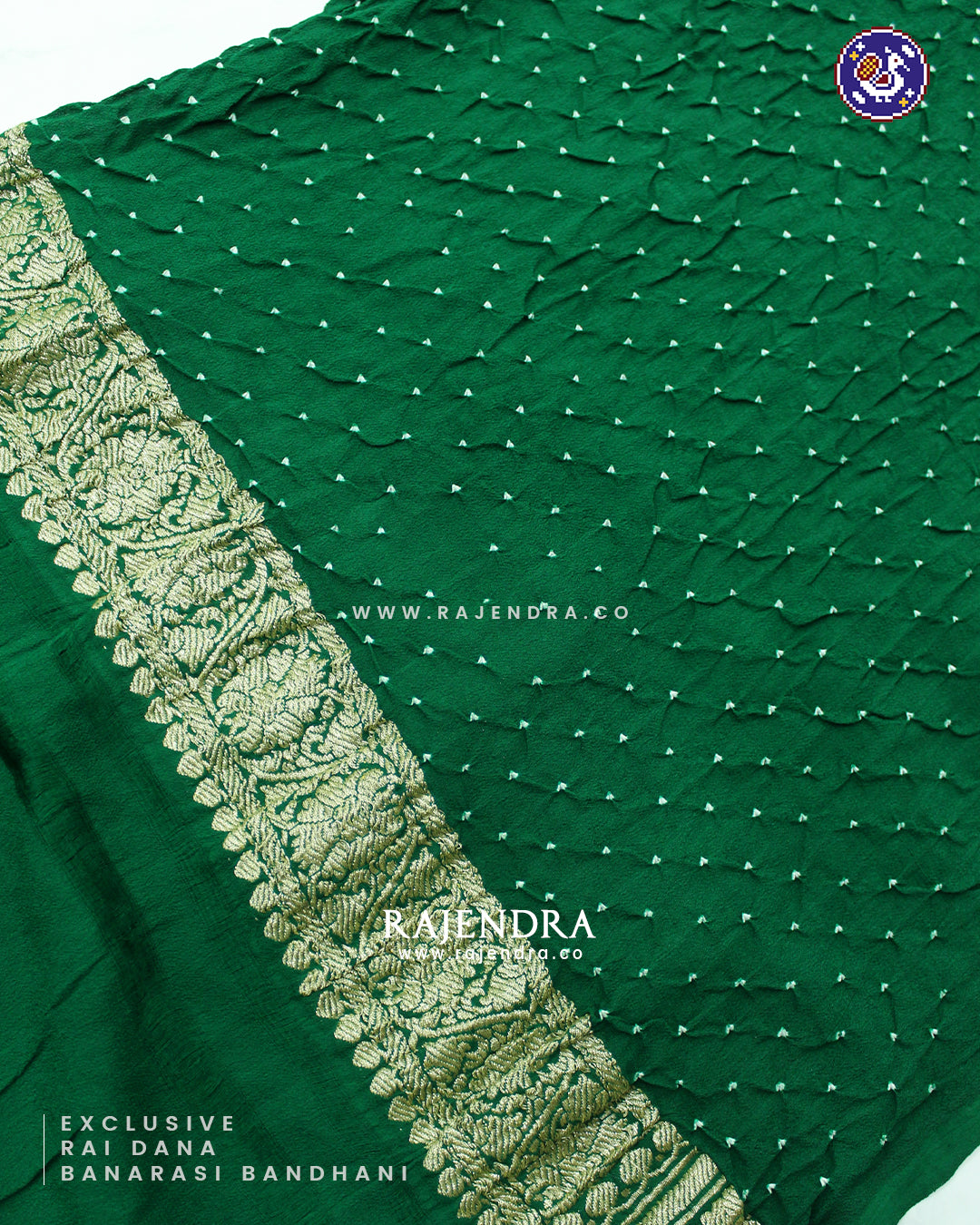 Exclusive Rai Dana Pure Khadi Georgette Green Banarasi Bandhani Saree