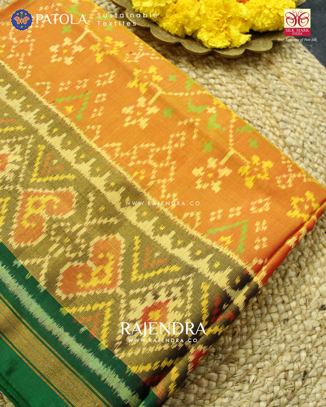 Traditional Navranta Design Green and Mustard Single Ikat Rajkot Patola Saree