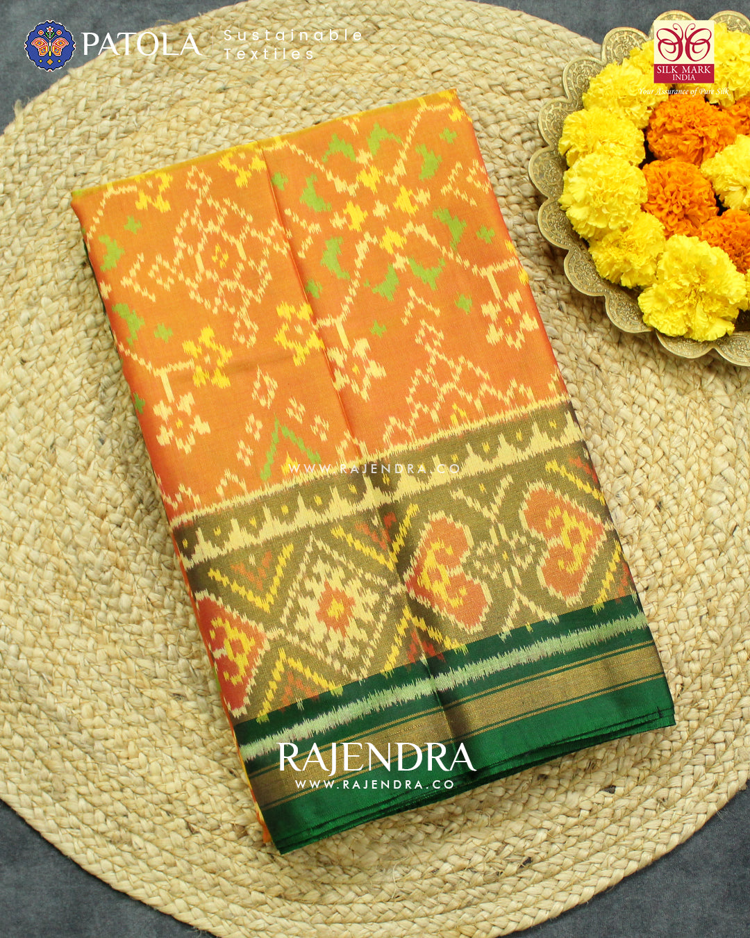 Traditional Navranta Design Green and Mustard Single Ikat Rajkot Patola Saree