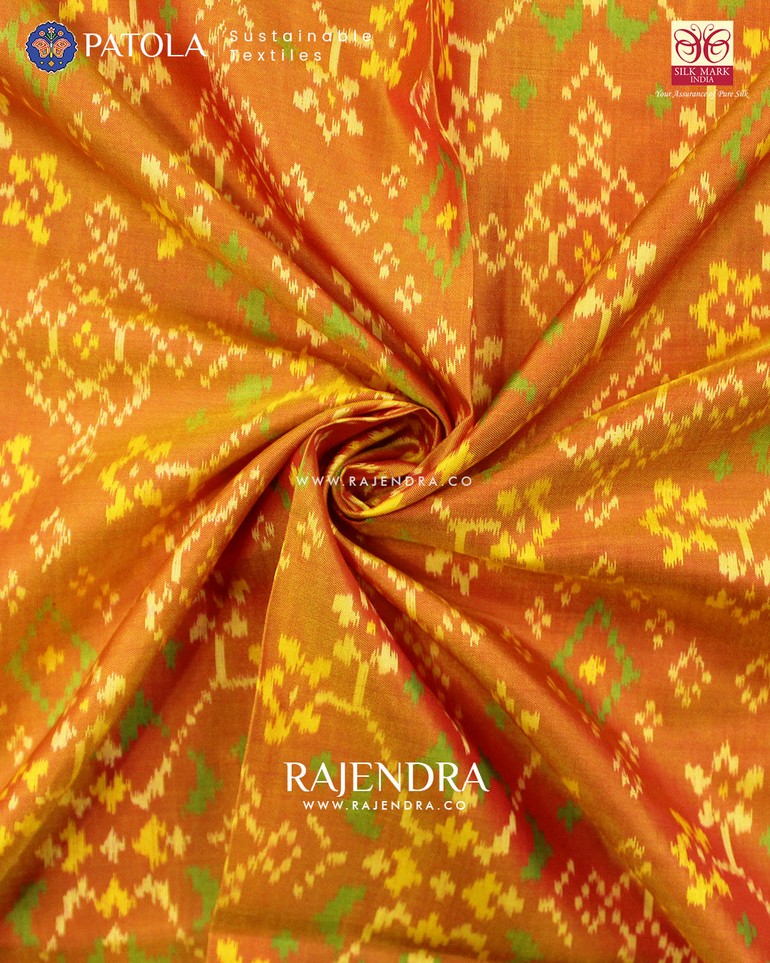 Traditional Navranta Design Green and Mustard Single Ikat Rajkot Patola Saree