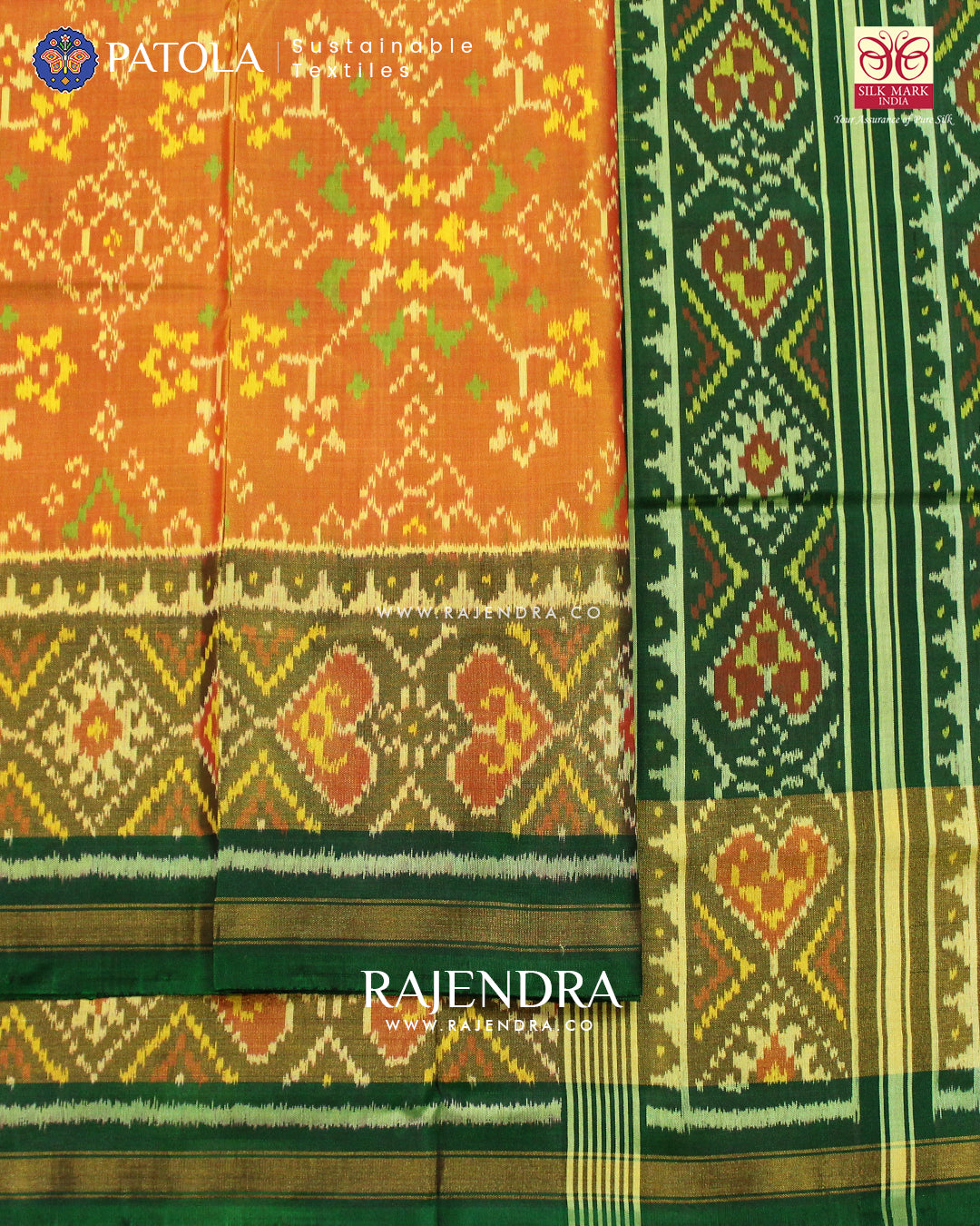 Traditional Navranta Design Green and Mustard Single Ikat Rajkot Patola Saree