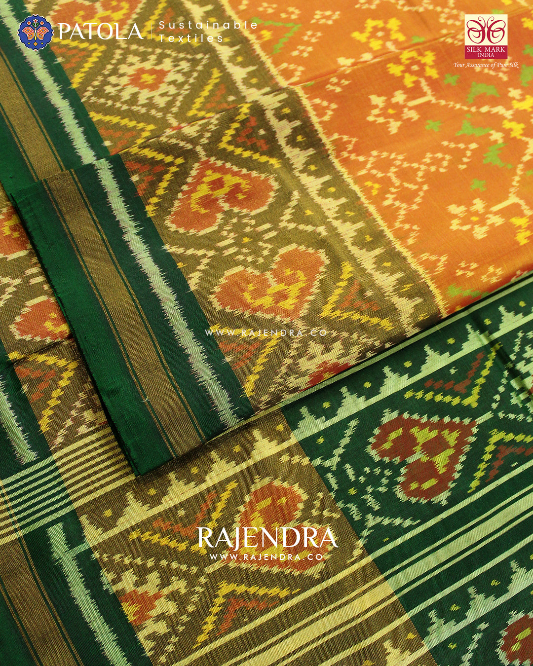 Traditional Navranta Design Green and Mustard Single Ikat Rajkot Patola Saree