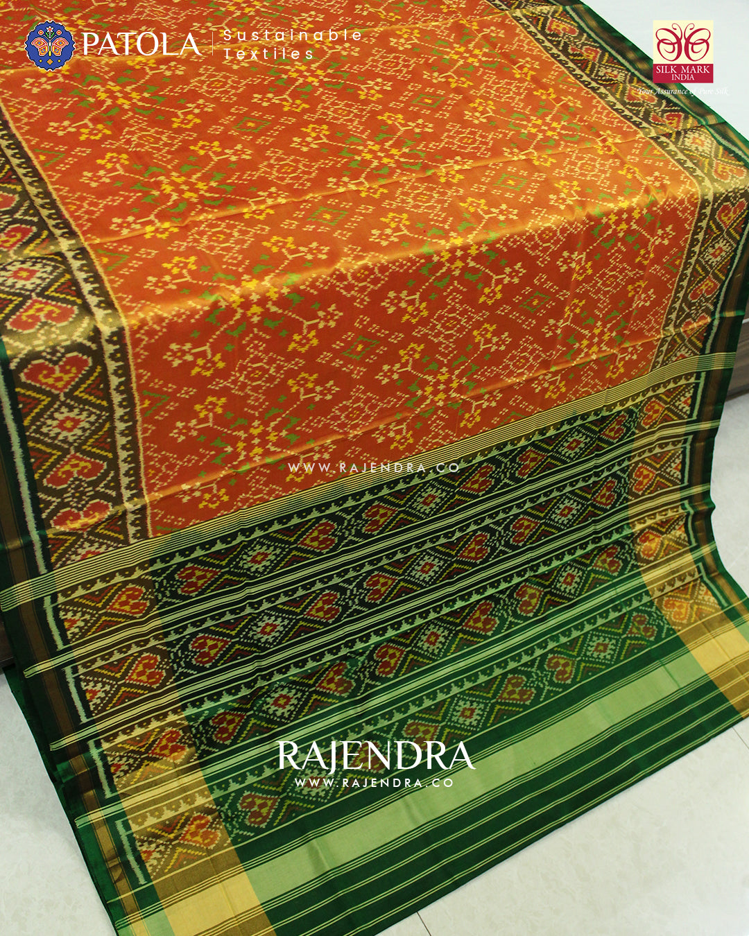 Traditional Navranta Design Green and Mustard Single Ikat Rajkot Patola Saree