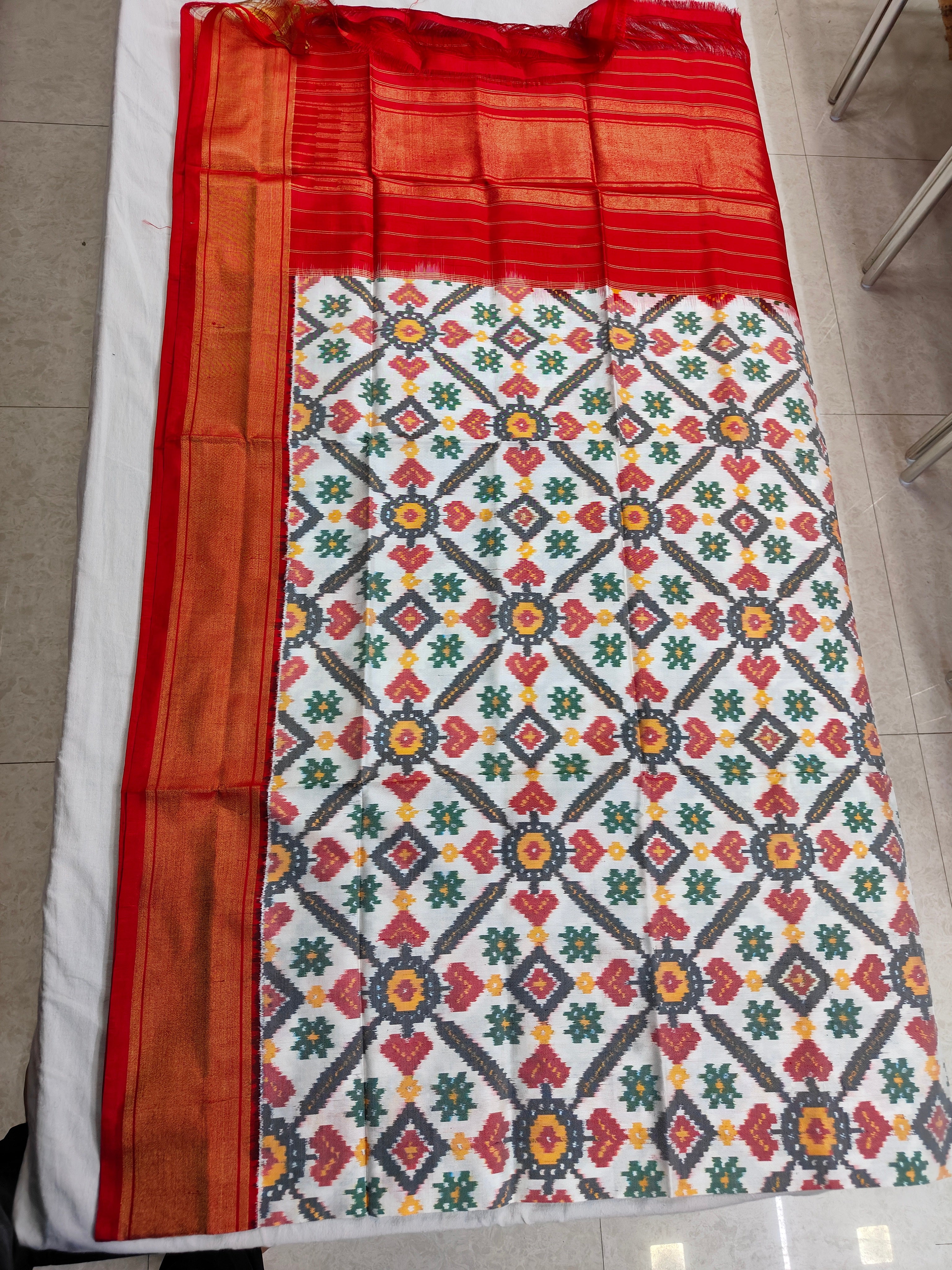 Traditional Hyderabadi Ikat Red and White Dupatta With Handwork