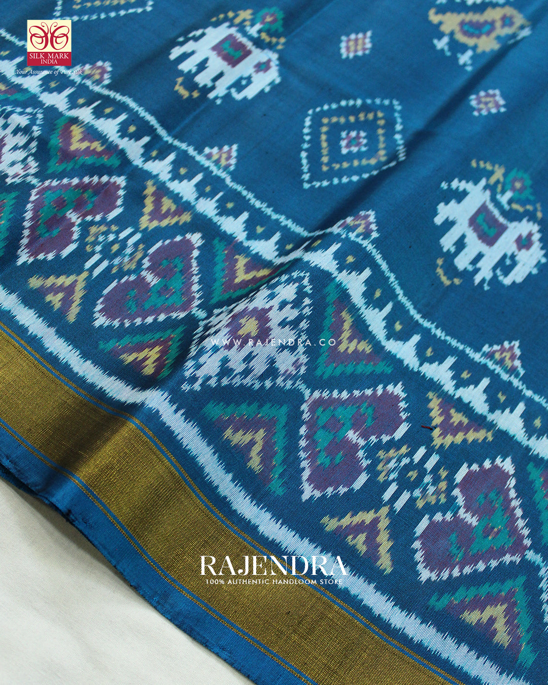 Traditional Hathi Chanda Design Rama Blue Single Ikat Rajkot Patola Saree