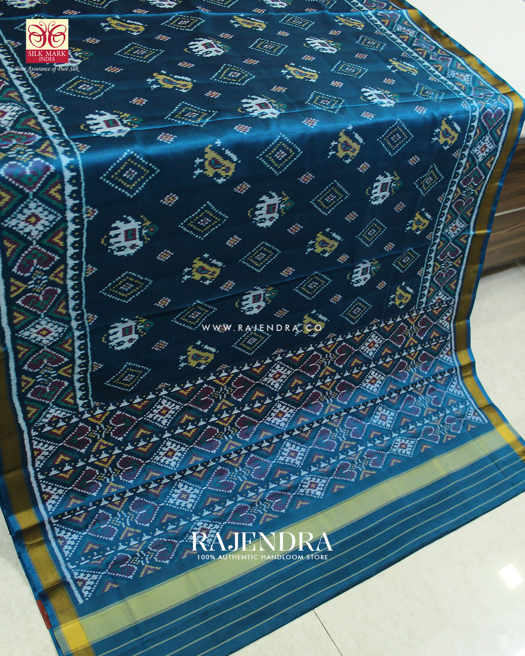 Traditional Hathi Chanda Design Rama Blue Single Ikat Rajkot Patola Saree