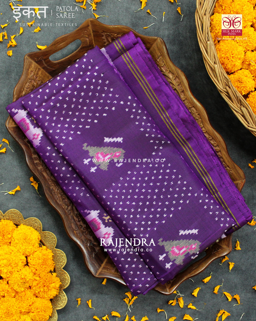 Exclusive Hathi Popat with Bandhani Bhat Purple Single Ikat Rajkot Patola Saree