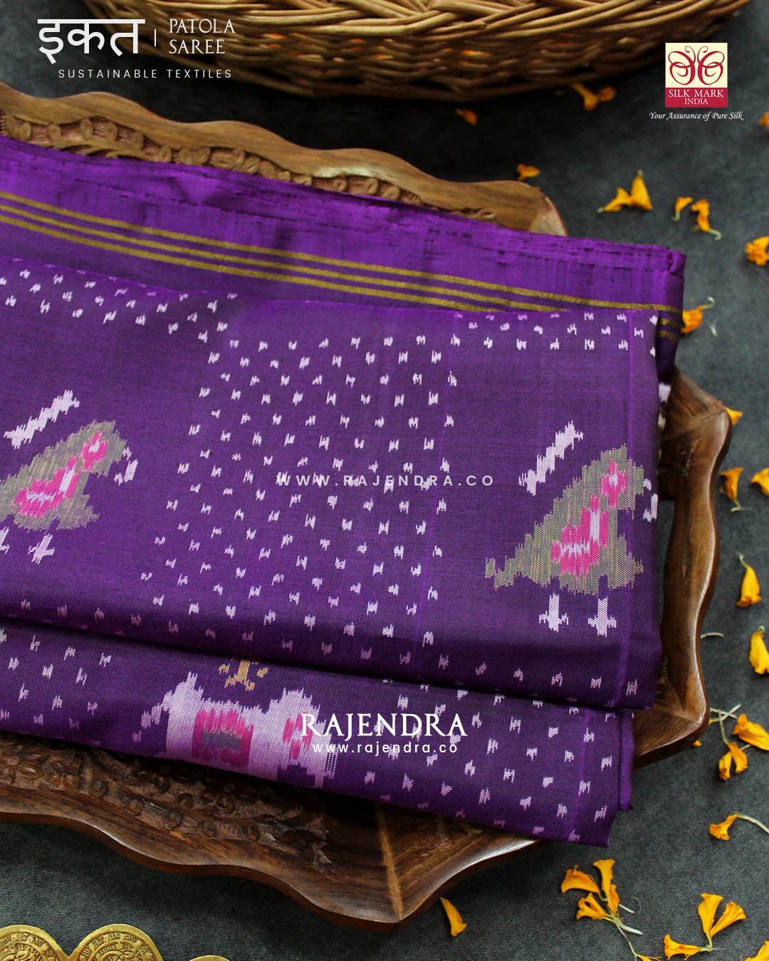 Exclusive Hathi Popat with Bandhani Bhat Purple Single Ikat Rajkot Patola Saree