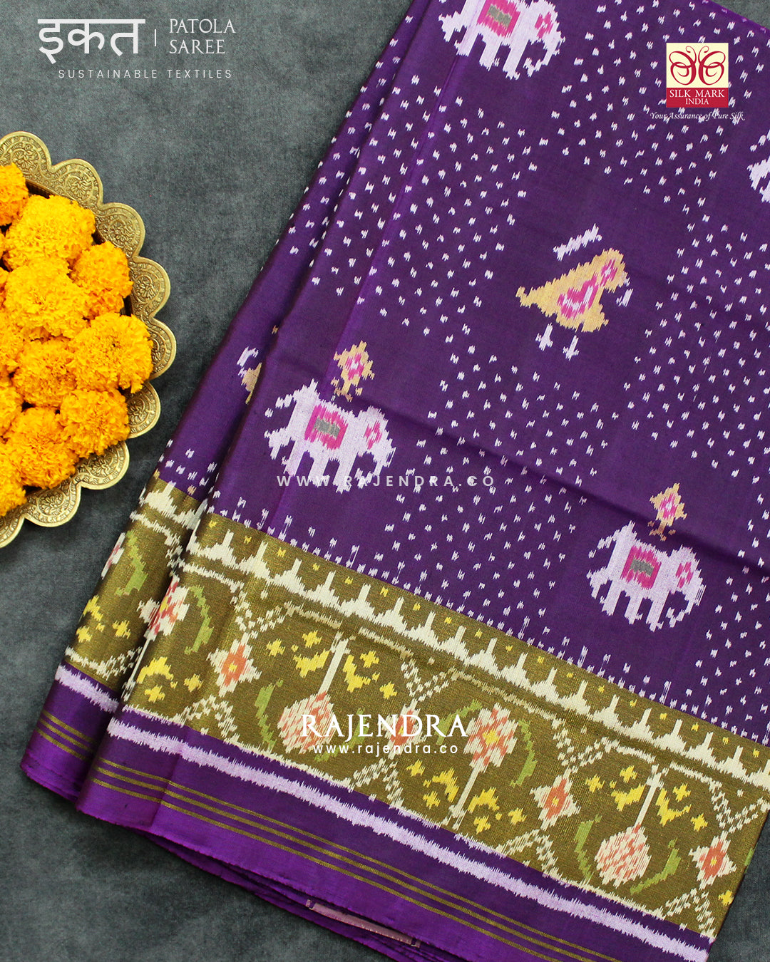 Exclusive Hathi Popat with Bandhani Bhat Purple Single Ikat Rajkot Patola Saree