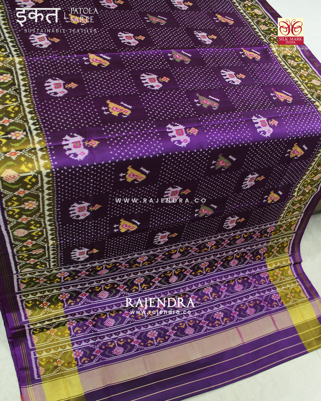 Exclusive Hathi Popat with Bandhani Bhat Purple Single Ikat Rajkot Patola Saree