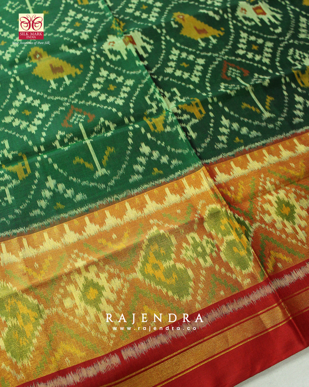 Handwoven Hathi Popat Design Red and Green Single Ikat Rajkot Patola Saree