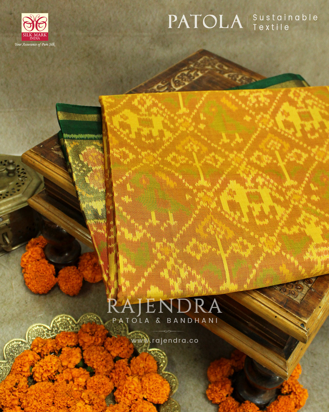 Traditional Hathi Popat Bhat Green Mustard Rajkot Patola Saree