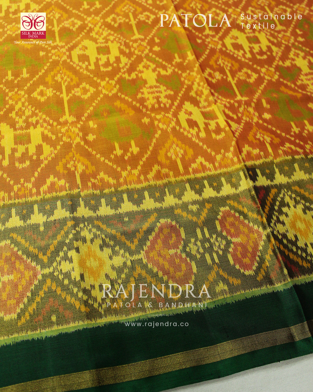 Traditional Hathi Popat Bhat Green Mustard Rajkot Patola Saree