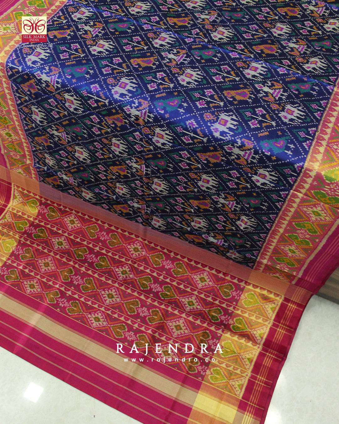 Traditional Hathi Popat Bhat Pink and Blue Single Ikkat Rajkot Patola Saree