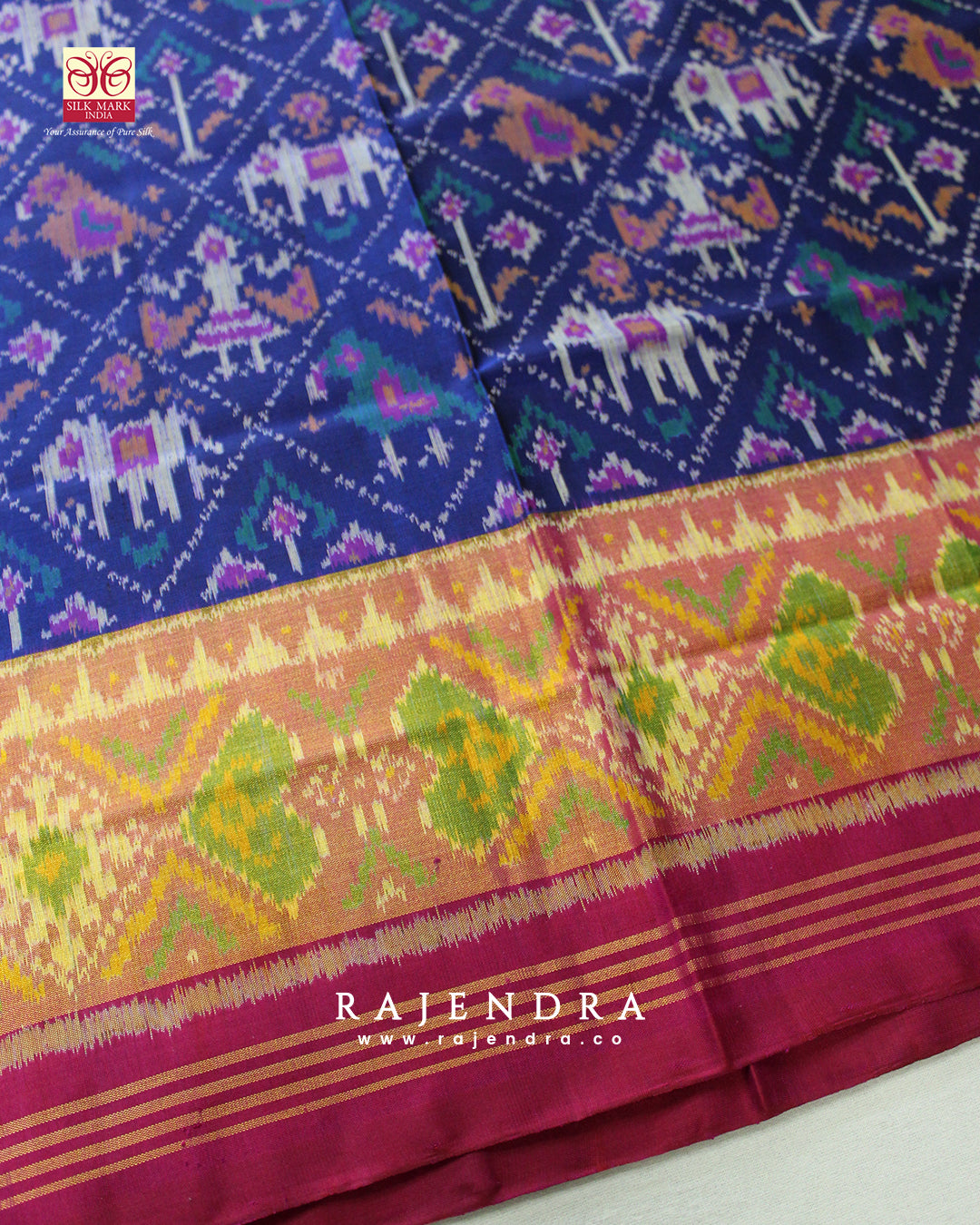 Traditional Hathi Popat Bhat Pink and Blue Single Ikkat Rajkot Patola Saree