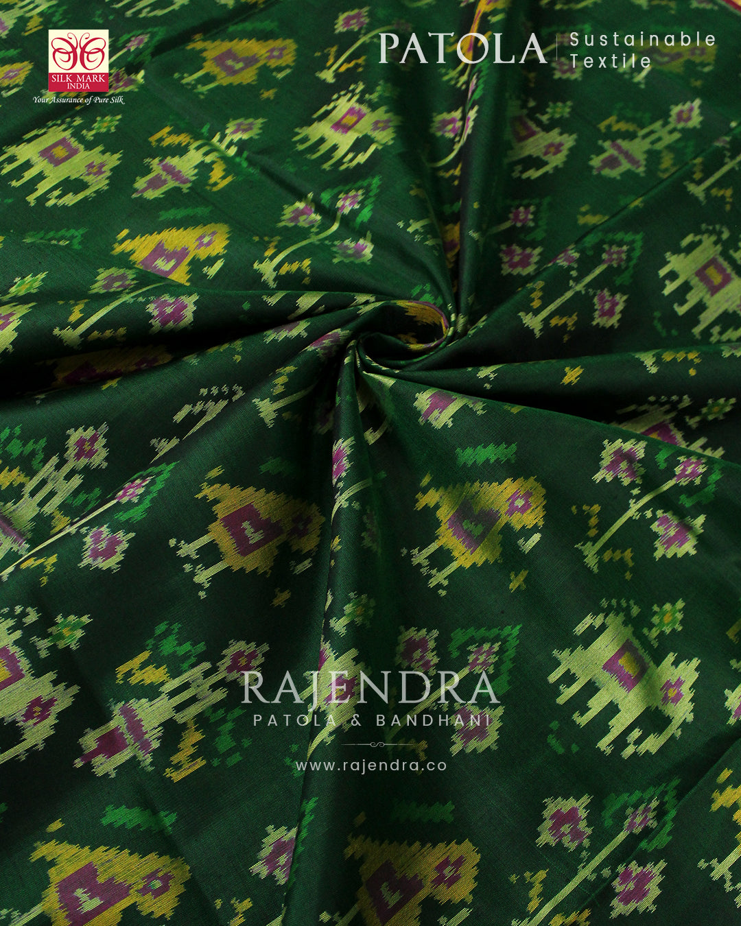 Traditional Hathi Popat Bhat Pink Green Single Ikat Rajkot Patola Saree