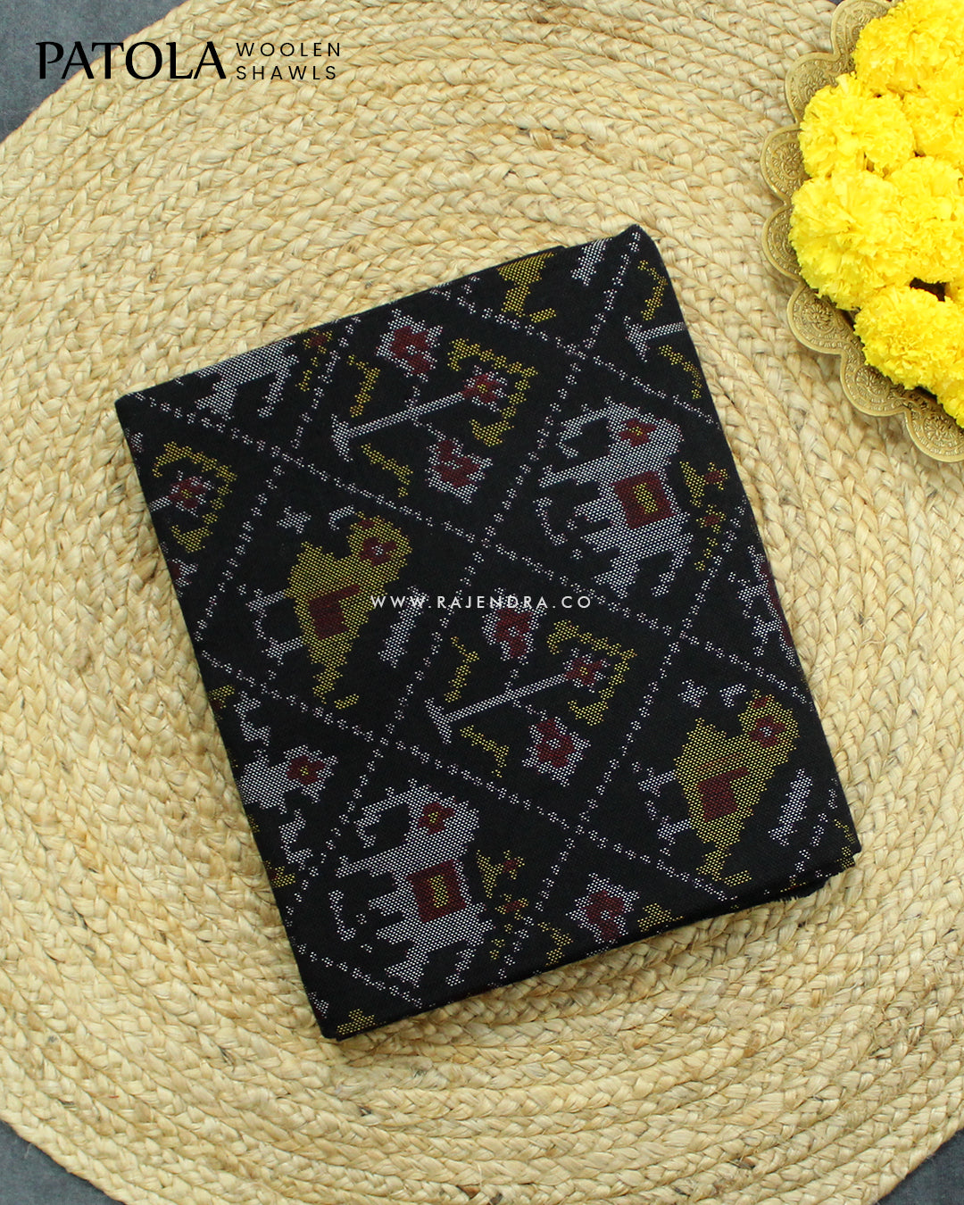 Handwoven Hathi Popat Design Black Woolen Patola Shawls