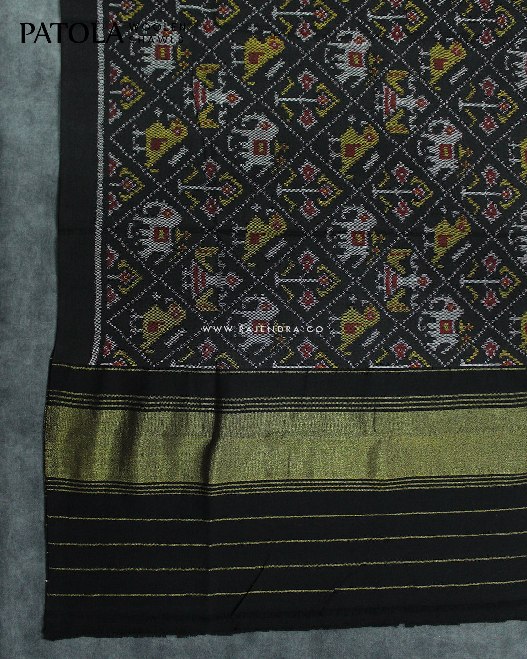 Handwoven Hathi Popat Design Black Woolen Patola Shawls