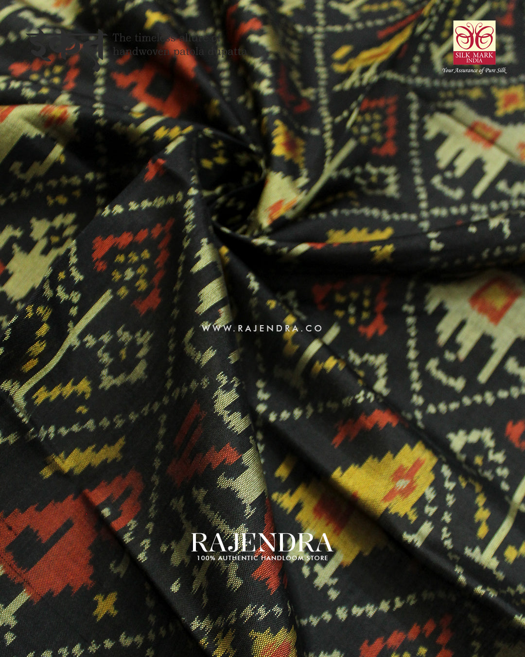 Traditional Hathi Popat Design Black Rajkot Patola Dupatta