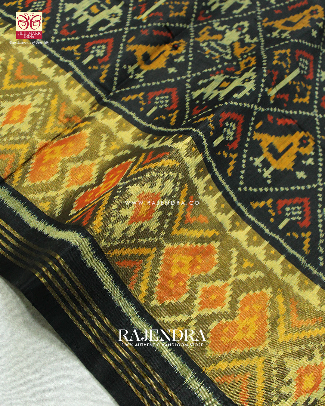 Traditional Hathi Popat Design Black Single Ikat Rajkot Patola Saree