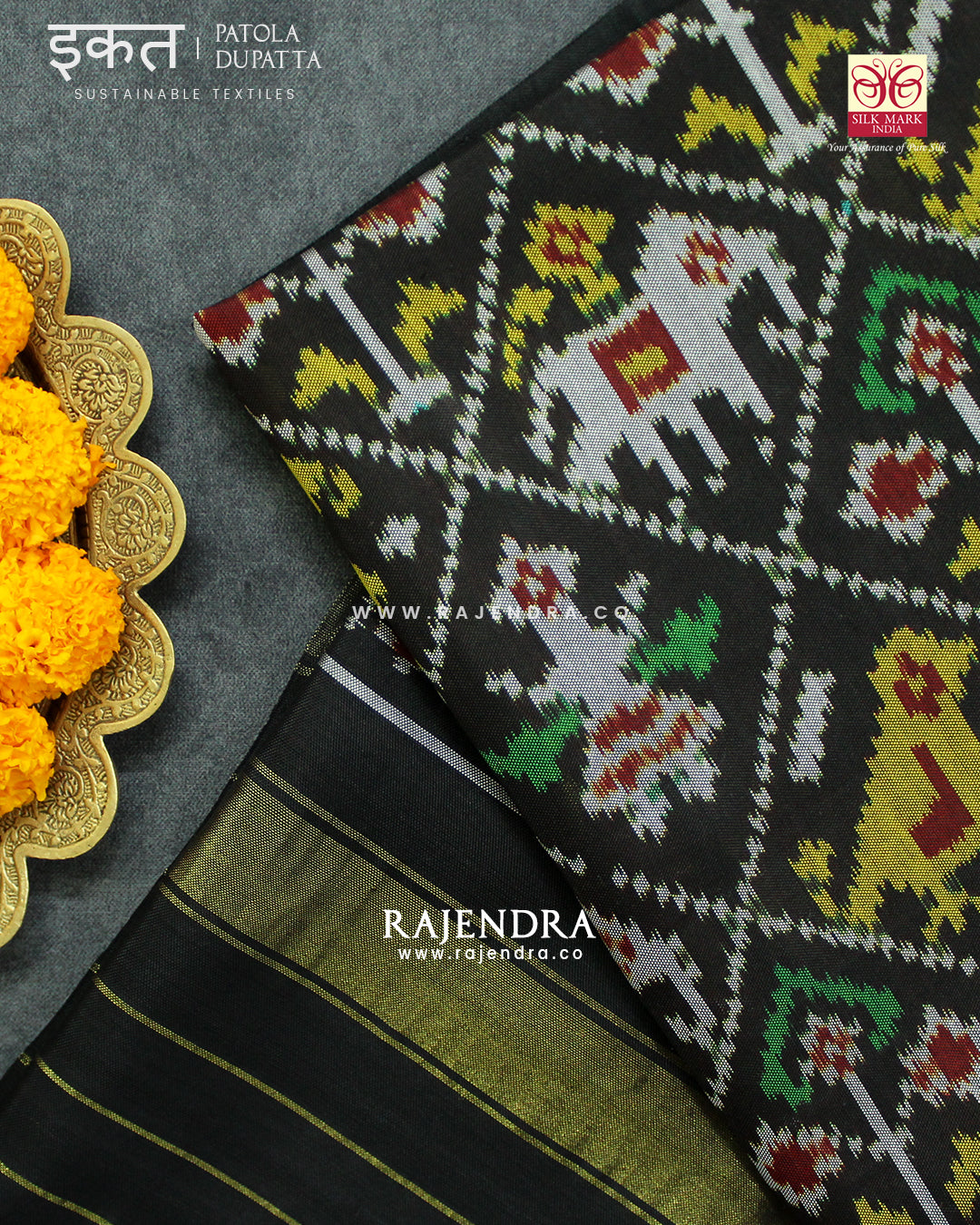 Traditional Hathi Popat Black Semi Double Ikat Rajkot Patola Dupatta