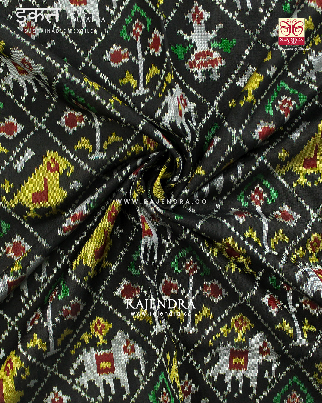 Traditional Hathi Popat Black Semi Double Ikat Rajkot Patola Dupatta