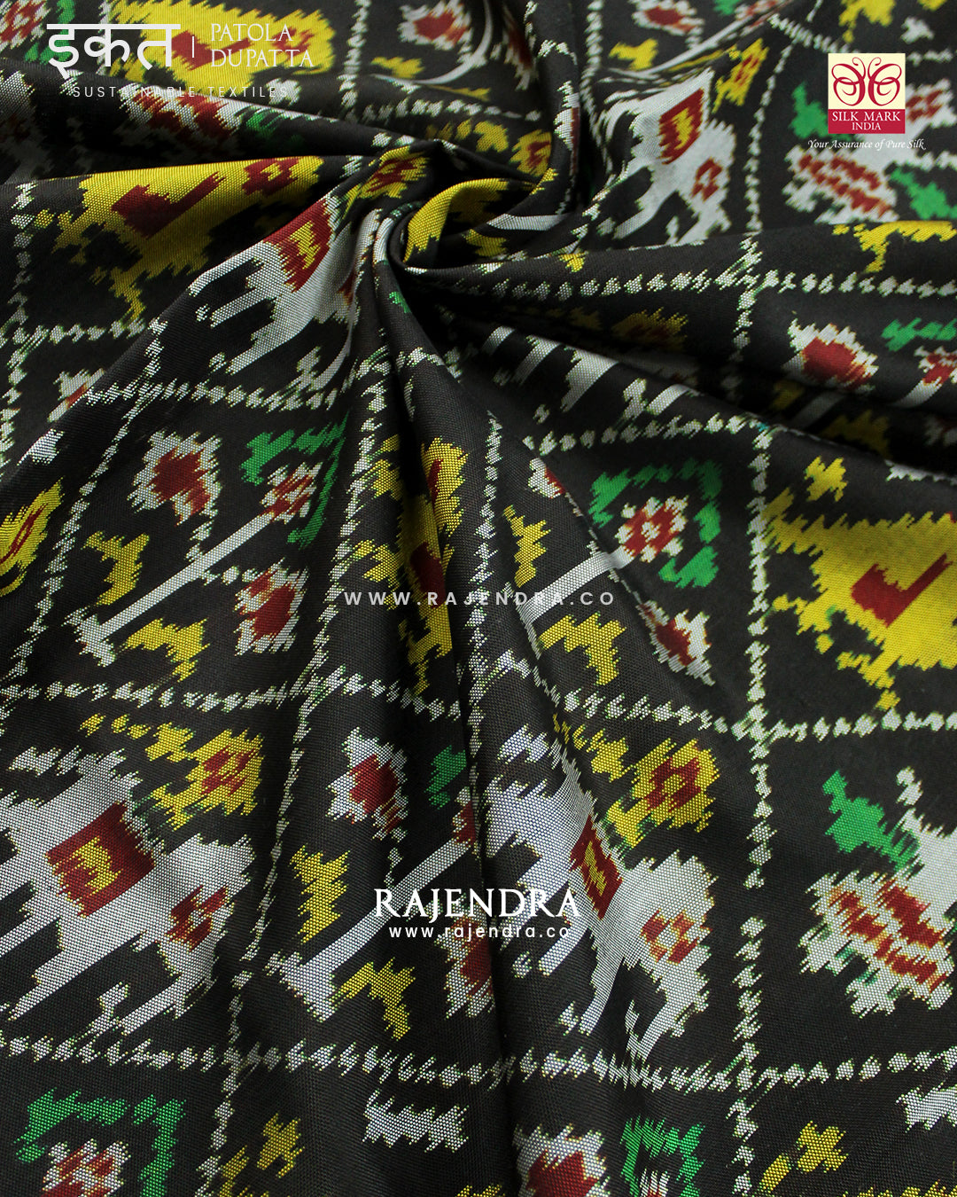 Traditional Hathi Popat Black Semi Double Ikat Rajkot Patola Dupatta