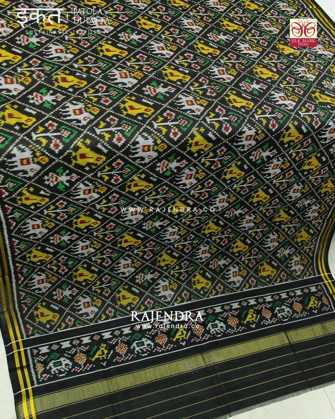 Traditional Hathi Popat Black Semi Double Ikat Rajkot Patola Dupatta