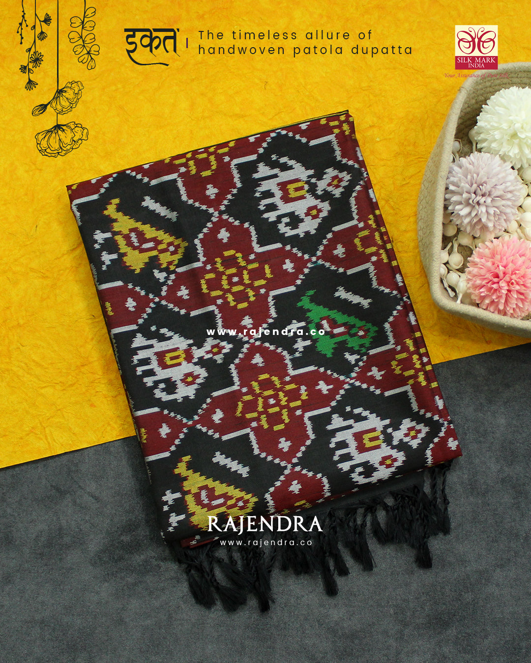 Exclusive Hathi Popat Design Black Semi Double Ikat Rajkot Patola Dupatta