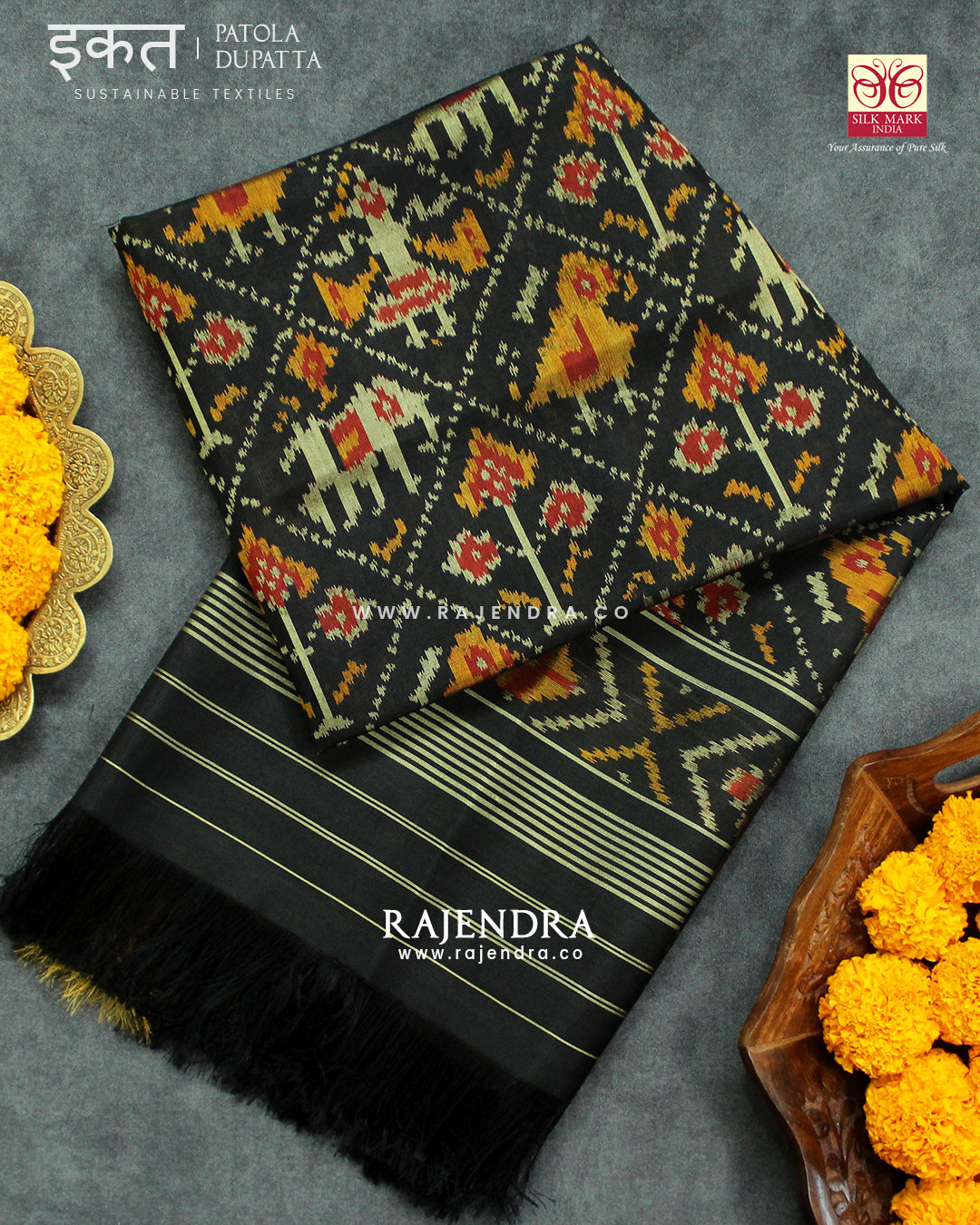 Traditional Hathi Popat Design Black Single Ikat Rajkot Patola Dupatta