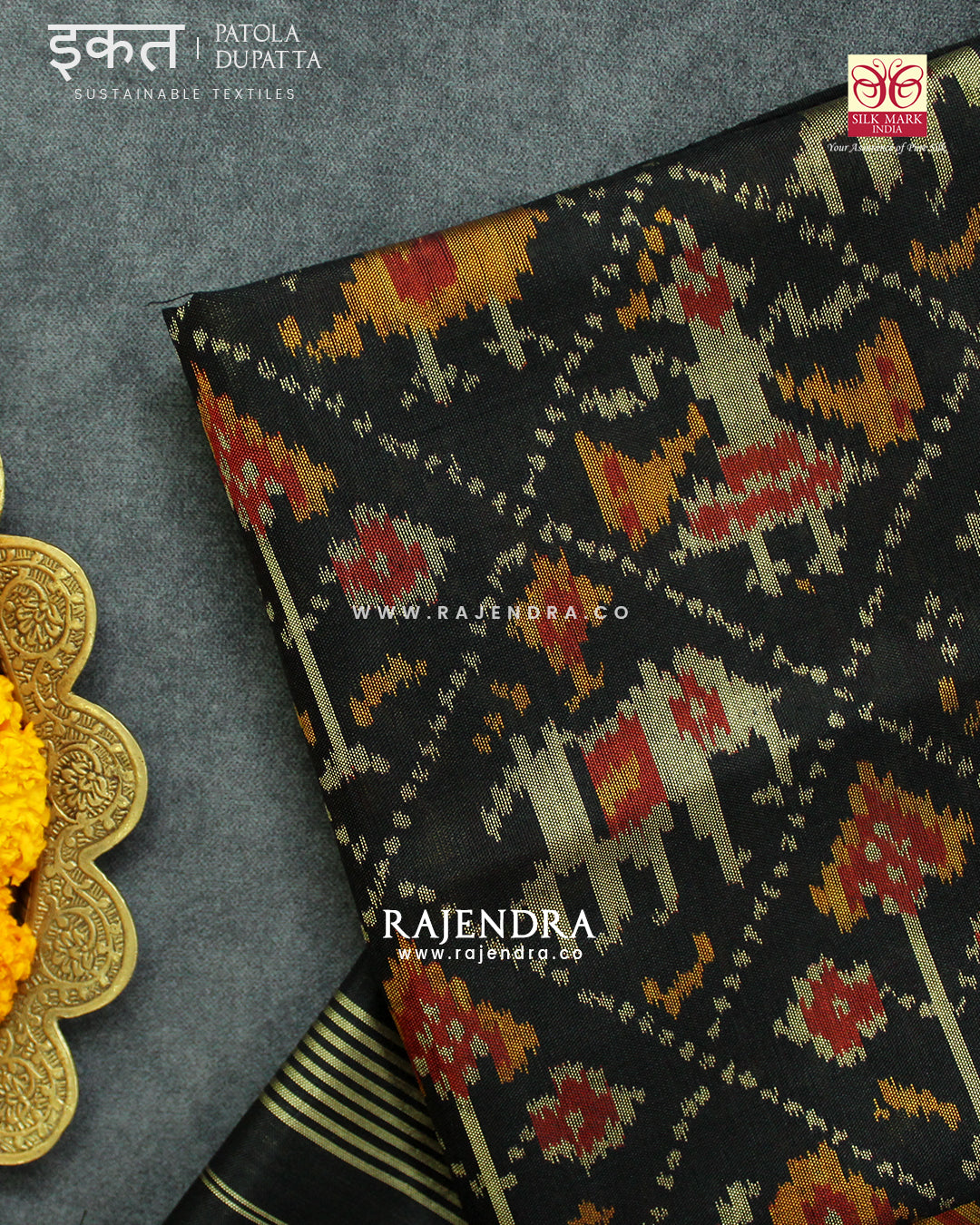 Traditional Hathi Popat Design Black Single Ikat Rajkot Patola Dupatta