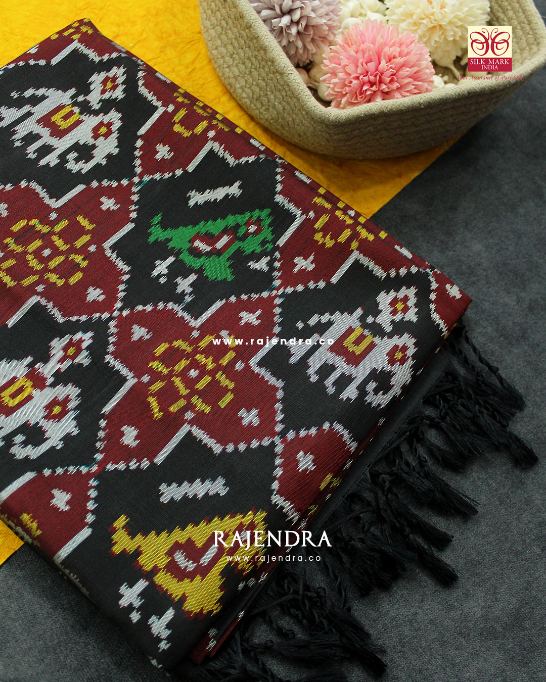 Exclusive Hathi Popat Design Black Semi Double Ikat Rajkot Patola Dupatta