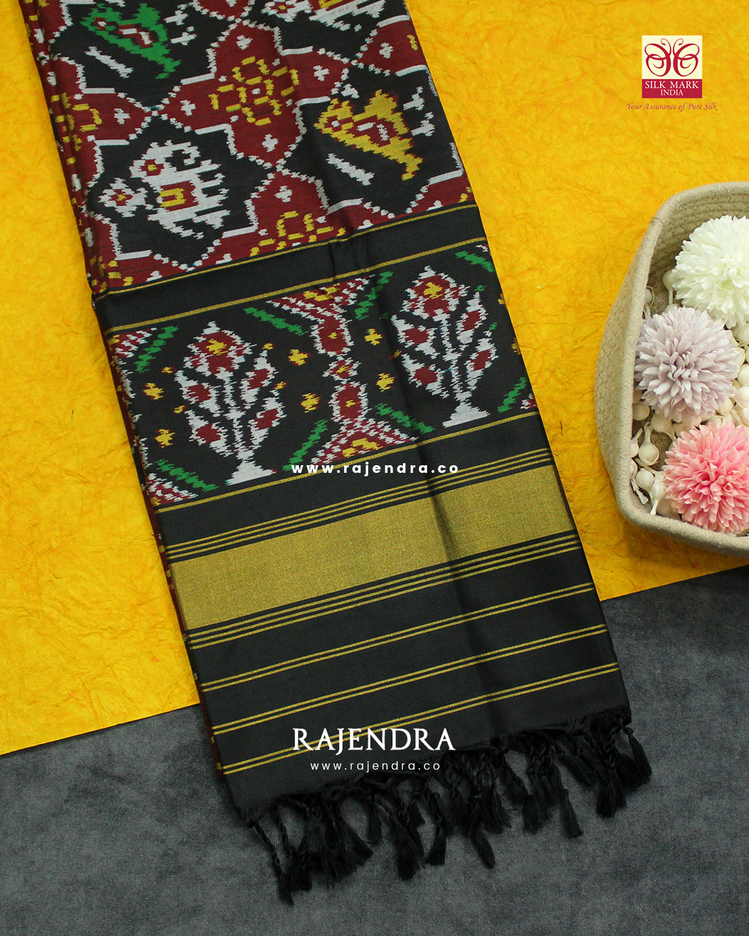 Exclusive Hathi Popat Design Black Semi Double Ikat Rajkot Patola Dupatta