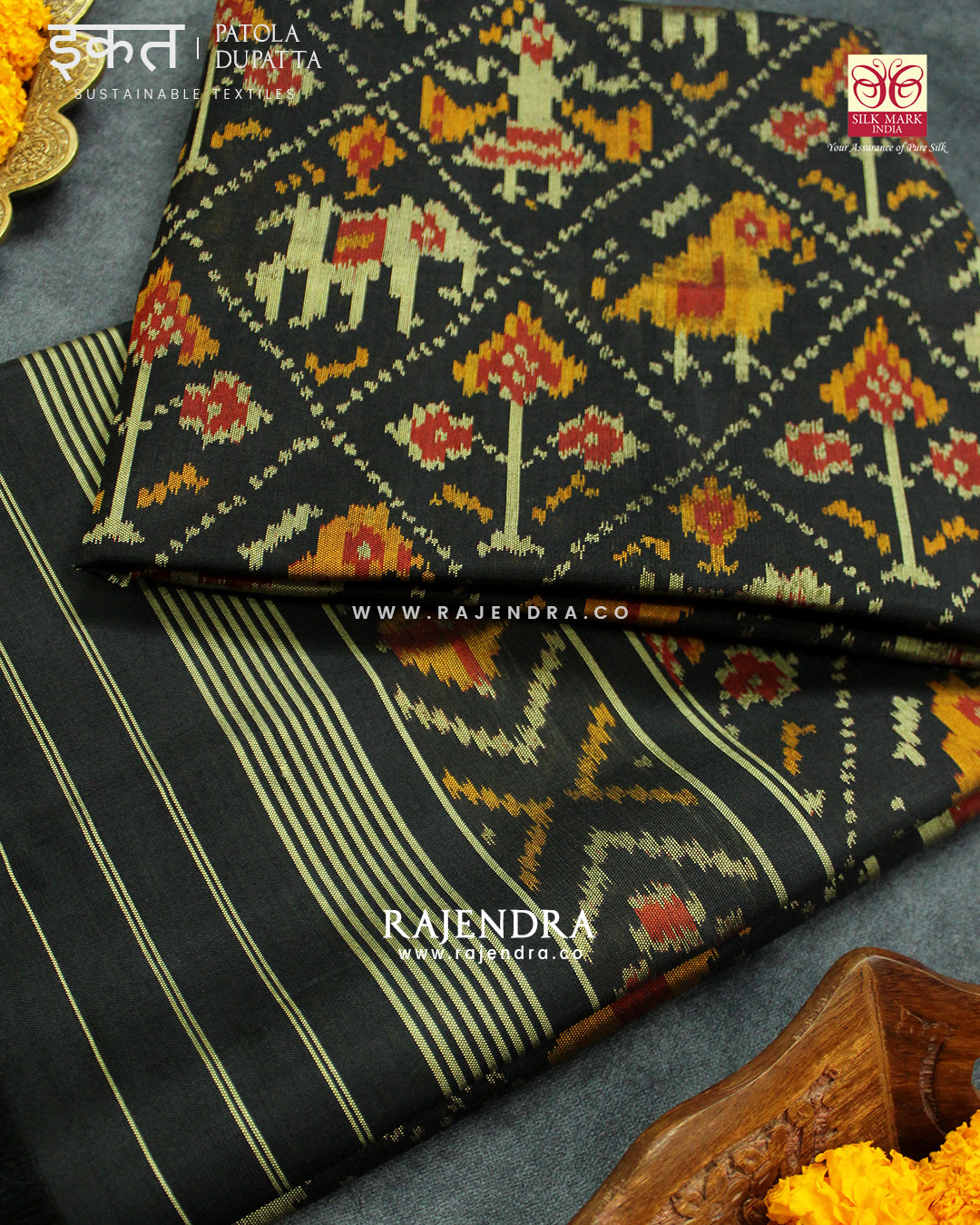 Traditional Hathi Popat Design Black Single Ikat Rajkot Patola Dupatta