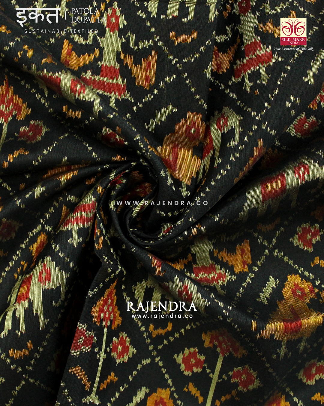 Traditional Hathi Popat Design Black Single Ikat Rajkot Patola Dupatta