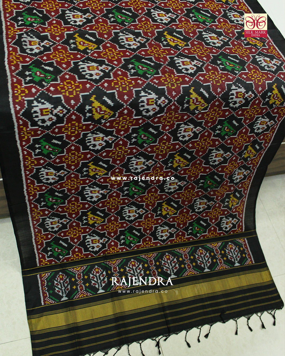 Exclusive Hathi Popat Design Black Semi Double Ikat Rajkot Patola Dupatta