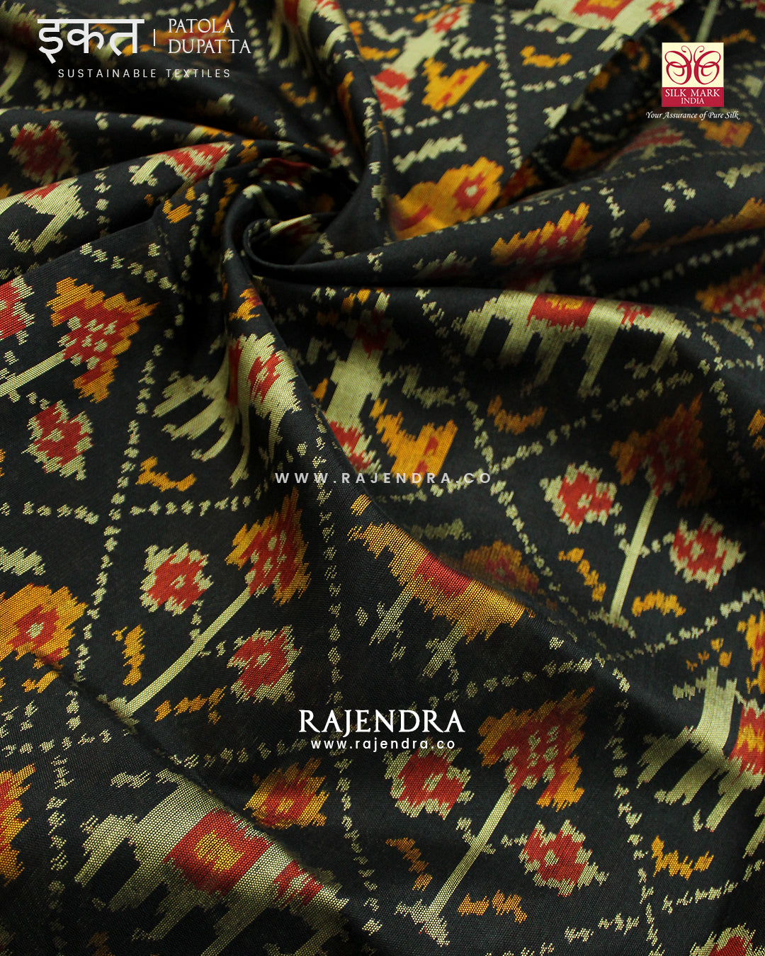 Traditional Hathi Popat Design Black Single Ikat Rajkot Patola Dupatta